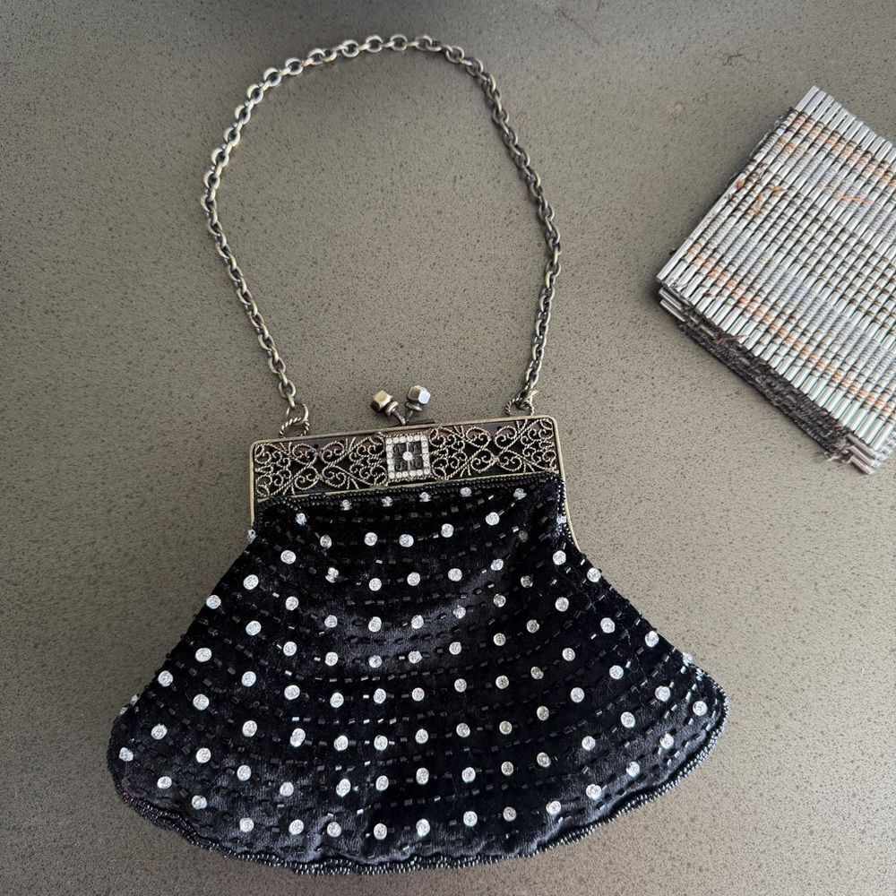 Vintage Black Beaded Evening Bag with Gold Frame Elegant.